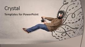  Presentation with mechanical vehicle engineering - PPT theme with design madu - funny man driving a flying background and a soft green colored foreground