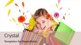  Presentation with design madu - Presentation theme featuring design madu - happy blond girl with shopping background and a coral colored foreground