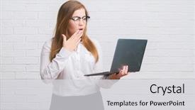  Presentation with white brick wall - Colorful PPT layouts enhanced with design madu - young adult business woman backdrop and a  colored foreground