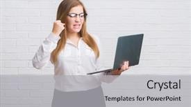  Presentation with white brick wall - Audience pleasing presentation consisting of design madu - young adult business woman backdrop and a  colored foreground