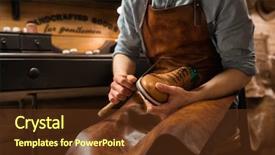  Presentation with manufacture shoes - PPT theme consisting of design manufacture - cropped picture of young shoemaker background and a tawny brown colored foreground