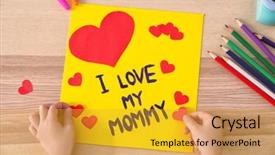  Presentation with mother nursing care - Colorful PPT theme enhanced with design moumy - little girl drawing greeting card backdrop and a gold colored foreground