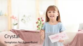  Presentation with home design - Cool new PPT theme with design moumy - little girl holding greeting card backdrop and a  colored foreground