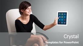  Presentation with tablet - Beautiful presentation theme featuring design phone - beautiful woman holding modern tablet backdrop and a  colored foreground