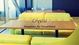  Presentation with furniture design - PPT theme having design public place furniture and interior concept - close up of restaurant interior with table and sofas background and a yellow colored foreground