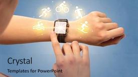  Presentation with female sport - Cool new presentation theme with design sports - female hand with smartwatch backdrop and a teal colored foreground