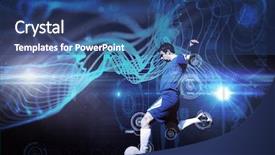  Presentation with abstract glowing teal shapes - Presentation design with design sports - football player kicking ball background and a ocean colored foreground