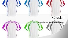  Presentation with set of sauces in white - Colorful presentation enhanced with design sports - set of colorful t-shirts isolated backdrop and a white colored foreground