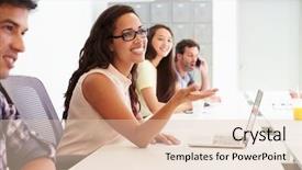  Presentation with design team - PPT theme having design team collaborating on project background and a  colored foreground