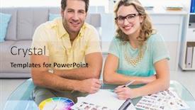  Presentation with design team - PPT layouts consisting of design team working together while looking at camera in office background and a coral colored foreground