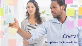  Presentation with sticky notes - Amazing presentation design having design thinkin - young serious creative business team backdrop and a sky blue colored foreground