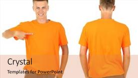  Presentation with young - Cool new PPT theme with design top happy activity - t-shirt on young man backdrop and a gold colored foreground