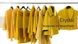  Presentation with clothing wooden clothes hanger object - PPT theme featuring designer handbag - female yellow clothing on hangers background and a  colored foreground