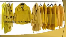  Presentation with clothing wooden clothes hanger object - Slide set having designer handbag - female yellow clothing on hangers background and a  colored foreground