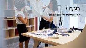  Presentation with creative - Colorful presentation design enhanced with designer handbag - two women discussing clothes backdrop and a light blue colored foreground