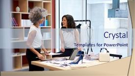  Presentation with women in media - PPT theme having designer handbag - two women talking background and a sky blue colored foreground