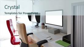  Presentation with computer network design - Amazing presentation design having designer office desk with computer backdrop and a sky blue colored foreground