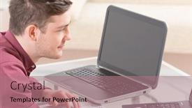  Presentation with mobile applications - Presentation design consisting of designer or programmer working at new mobile applications background and a coral colored foreground