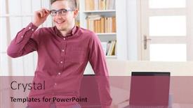  Presentation with mobile applications - PPT layouts consisting of designer or programmer working at home with new mobile applications background and a violet colored foreground