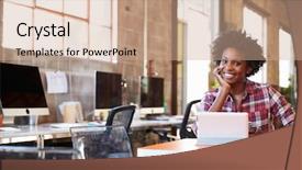  Presentation with meeting table - Colorful slide set enhanced with designer sits at meeting table backdrop and a coral colored foreground