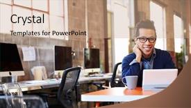  Presentation with meeting table - Cool new PPT theme with designer sitting at meeting table working on digital tablet backdrop and a coral colored foreground