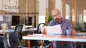  Presentation with meeting table - Presentation design with designer sitting at meeting table working on digital tablet background and a coral colored foreground