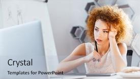  Presentation with curly fern sun - PPT theme featuring designer using laptop and grapic background and a light blue colored foreground