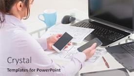  Presentation with mobile applications - Cool new PPT theme with designer working at new mobile applications backdrop and a light gray colored foreground