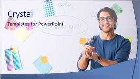  Presentation with project - Colorful presentation design enhanced with designer working at the project backdrop and a  colored foreground