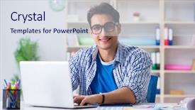  Presentation with project - Slide set consisting of designer working on new project background and a sky blue colored foreground