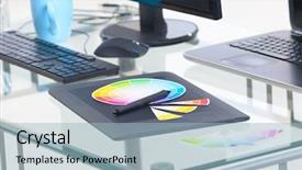  Presentation with computers - Cool new PPT theme with designer workplace computers color wheel backdrop and a  colored foreground
