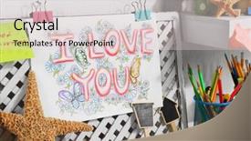  Presentation with crayons - Audience pleasing slide deck consisting of designer workplace with bright picture crayons and other things backdrop and a lemonade colored foreground