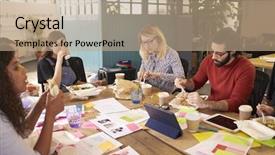  Presentation with working of lung - Theme featuring working lunch meeting in office background and a coral colored foreground