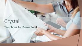  Presentation with sample - Audience pleasing presentation design consisting of designers-inspecting-sample-fabric backdrop and a sky blue colored foreground