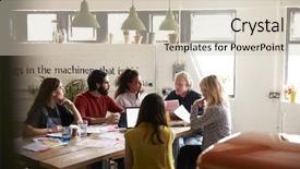  Presentation with meeting table - Beautiful PPT theme featuring designers meeting around table backdrop and a soft green colored foreground