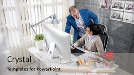  Presentation with team working together - Beautiful slides featuring designers team working together backdrop and a light gray colored foreground