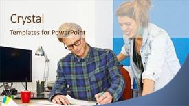  Presentation with working together - Theme with designers working on a product background and a sky blue colored foreground