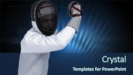  Presentation with sword - PPT theme with designs closing exercises - man wearing fencing suit practicing background and a  colored foreground