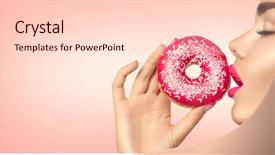  Presentation with pink beauty - PPT layouts consisting of desire - beautiful woman eating pink donut background and a lemonade colored foreground
