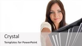  Presentation with work - Beautiful presentation design featuring desision - woman at work holding backdrop and a  colored foreground