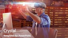  Presentation with city buildings - Cool new PPT layouts with desk against illuminated building backdrop and a violet colored foreground