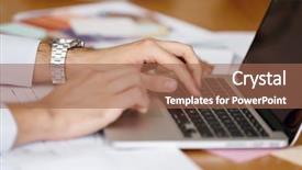  Presentation with desk - PPT theme with desk and hands close up background and a coral colored foreground