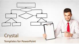  Presentation with organizational chart - PPT theme consisting of desk and presenting organizational chart background and a sky blue colored foreground