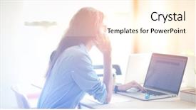  Presentation with young business woman smile show - Presentation theme with desk and talking on cell background and a cream colored foreground