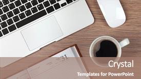  Presentation with notepad - PPT theme having coffee cup on wood background and a coral colored foreground