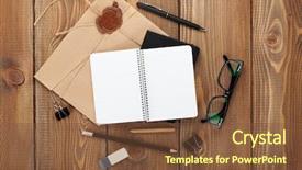  Presentation with envelope - Presentation theme with pencil notebook - office table with notepad vintage background and a tawny brown colored foreground