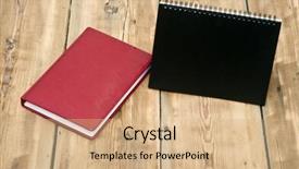  Presentation with note book - Presentation theme consisting of desk calendar with red leather note book on wood table background and a coral colored foreground