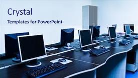  Presentation with computers - Audience pleasing theme consisting of desk furniture - office with modern computers blue backdrop and a sky blue colored foreground