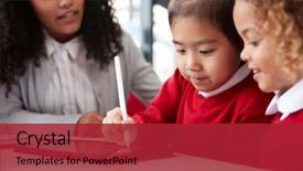  Presentation with elementary school female career day - PPT theme featuring desk in a classroom background and a red colored foreground