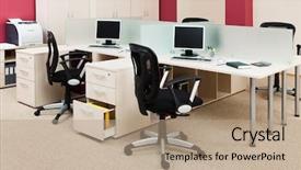  Presentation with computers - Audience pleasing PPT theme consisting of desk in a modern office backdrop and a coral colored foreground